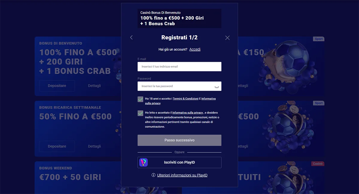 Italian casino registration popup showing step 1 of 2 sign-up with a welcome bonus of 100% up to €500 plus 200 free spins and one Bonus Crab, including email and password fields, age and privacy consent checkboxes, a “Next step” button, and an option to register with PlayID on a blue casino interface.